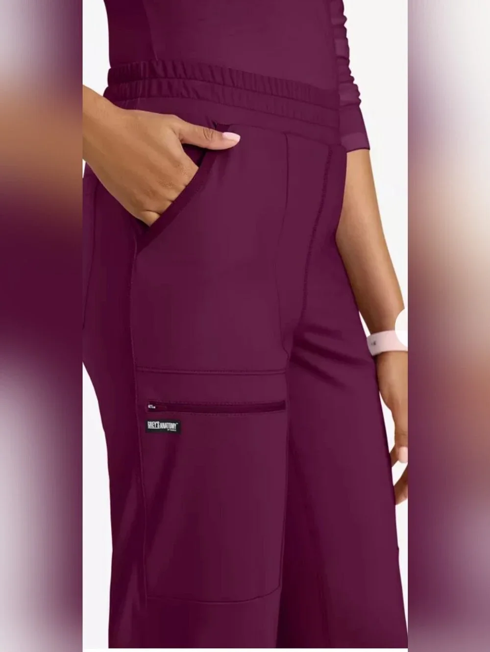 NWT Grey's Anatomy by Barco Knit STRETCH  wine 6-Pocket Cargo Scrub LP - Picture 9 of 11